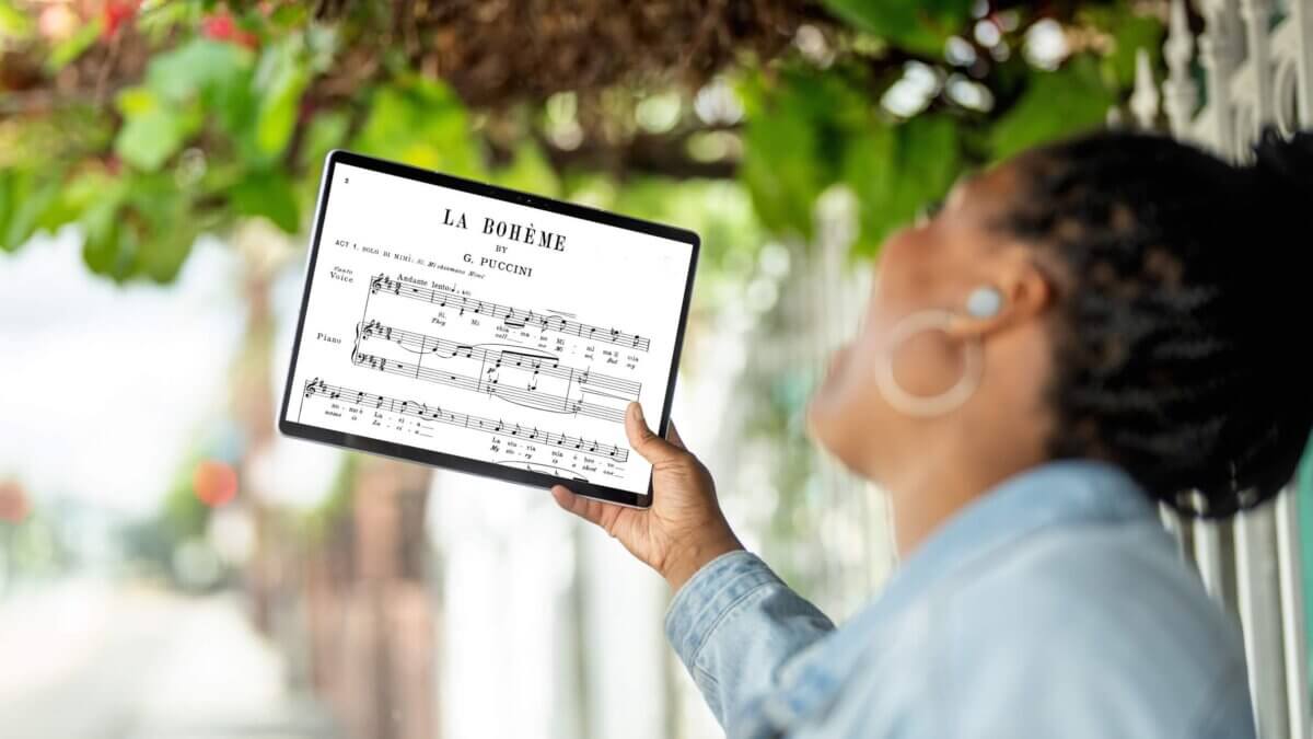 Best tablets for musicians - Surface Pro 9 displaying sheet music (Puccini, la Bohème)