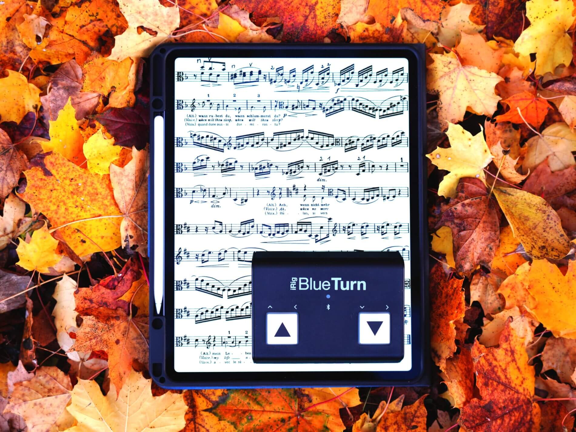 Apple iPad with sheet music, stylus and page turner (iRig BlueTurn pedal)